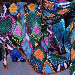 Multi Color Snake Skin Print Thigh High Side Zipper Pointy Toe High Heel Boot
